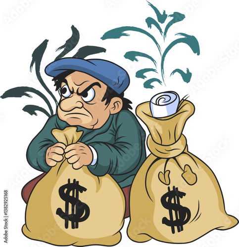 cartoon illustration of a homeless man hiding his wealth
