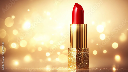This high-quality red lipstick in a shiny golden tube represents luxury and elegance.  AI generative