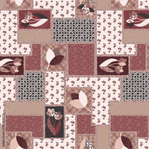 Ethnic patchwork tulip floral pattern background. Floral ornaments, stylized flowers, dots, plants and lace. Vintage boho style.