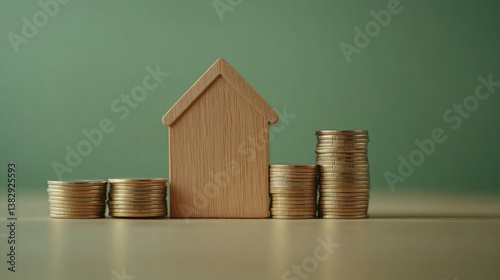 A wooden house model placed beside stacks of coins symbolizes investment and financial planning.  AI generative