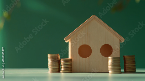 A wooden house model placed beside stacks of coins symbolizes investment and financial planning.  AI generative