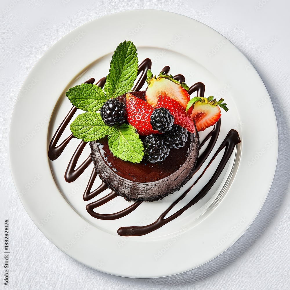 Exquisite high-angle shot of chocolate lava cake garnished with fresh berries and mint leaves drizzle Exquisite high-angle shot of chocolate lava cake garnished with fresh berries and mint leaves drizzle