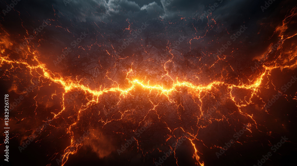 powerful dramatic display of fiery lava cracks against dark stormy sky, creating intense and captivating atmosphere. vibrant orange and red hues contrast sharply with ominous clouds, evoking sense powerful dramatic display of fiery lava cracks against dark stormy sky, creating intense and captivating atmosphere. vibrant orange and red hues contrast sharply with ominous clouds, evoking sense