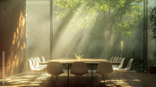 This modern conference room with sunlight streaming through large windows features sleek office chairs and a clean workspace. AI generative