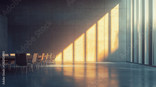 This modern conference room with sunlight streaming through large windows features sleek office chairs and a clean workspace. AI generative