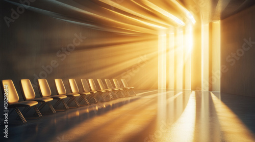 This modern conference room with sunlight streaming through large windows features sleek office chairs and a clean workspace. AI generative