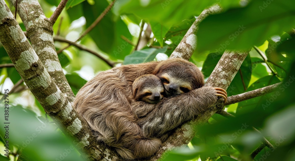 Fototapeta premium A National Geographic Style of a Three-Toed Sloth (Bradypus Variegatus) Mother Cradling Her Baby as They Sleep Nestled in the Branches-