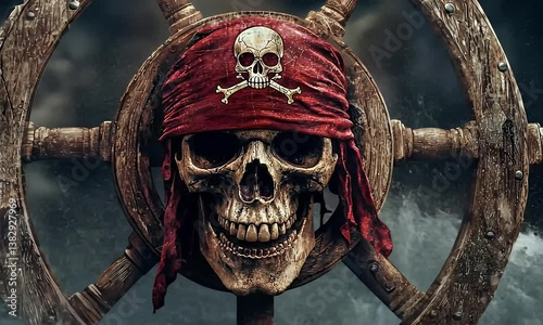 Skull wearing bandana on ship's wheel amidst rough waters, creating a dramatic maritime scene with dark mood