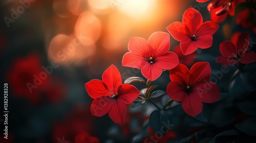 Red flowers sunset garden bokeh background card