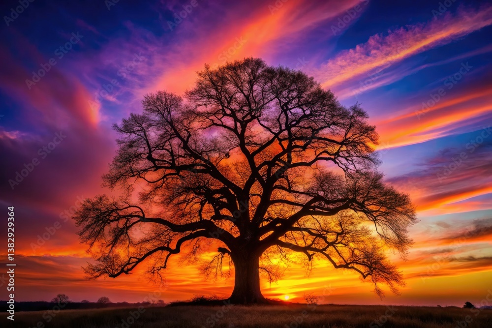 Fototapeta premium A lone oak tree, a powerful silhouette, dominates the landscape beneath a breathtaking sunset sky.