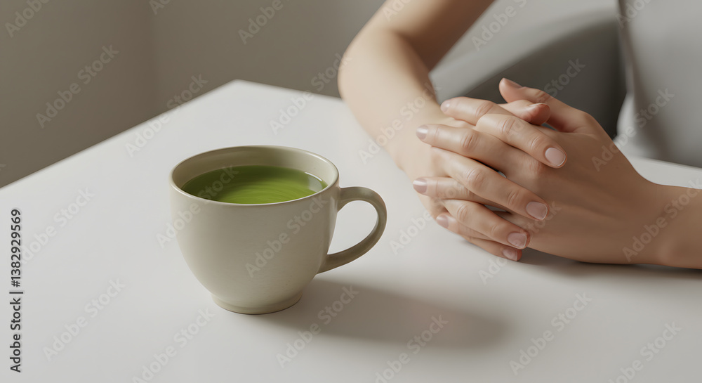 Matcha Latte Calm: Hands Resting Near Green Tea on White Table. Matcha Latte Calm: Hands Resting Near Green Tea on White Table.