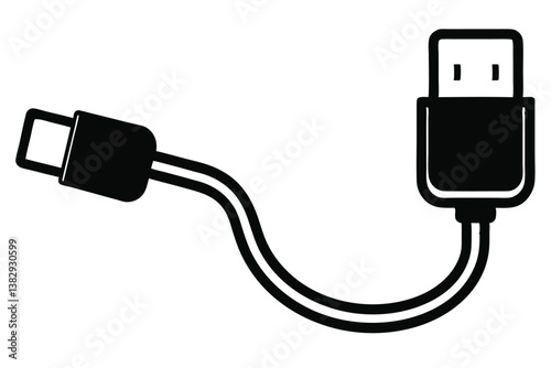 USB cable silhouette, charging cord vector, black and white icon