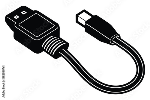 USB cable silhouette, charging cord vector, black and white icon
