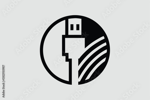 USB cable silhouette, charging cord vector, black and white icon
