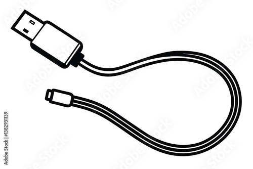 USB cable silhouette, charging cord vector, black and white icon