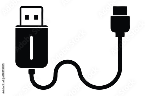 USB cable silhouette, charging cord vector, black and white icon