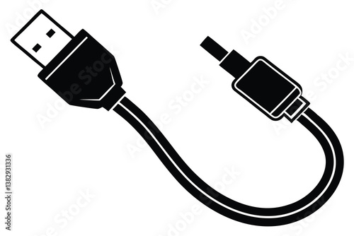 USB cable silhouette, charging cord vector, black and white icon