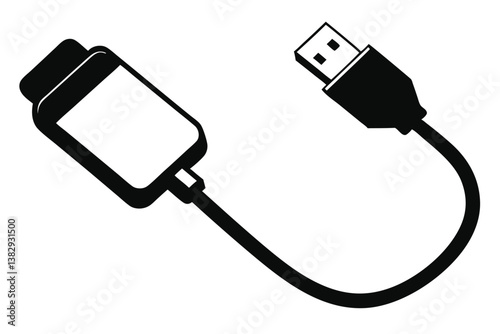USB cable silhouette, charging cord vector, black and white icon