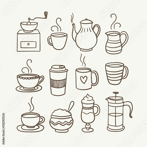 Cute hand-drawn coffee and tea doodle set, perfect for decorating surfaces, cooking recipes, prints and crafting projects. A total of 12 designs. Vector illustration.