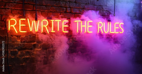 Neon message rewrite rules in orange and purple glowing thick letters on brick wall with cables fog and grime