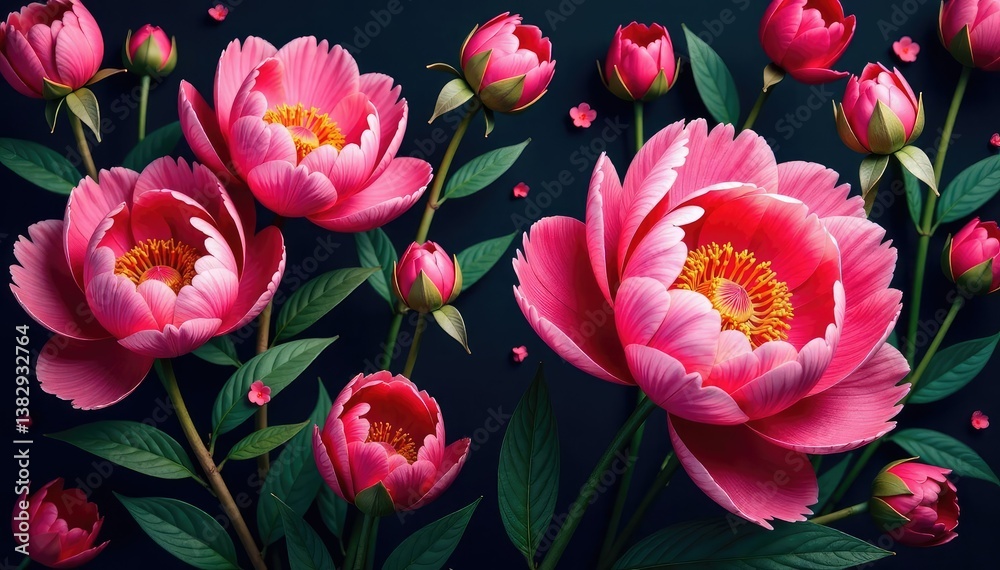 Fototapeta premium Bold, stylized peony print, densely packed on dark ground , petals, dark
