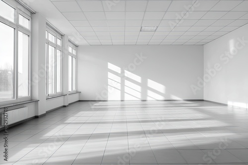 Empty room, sunlight through windows