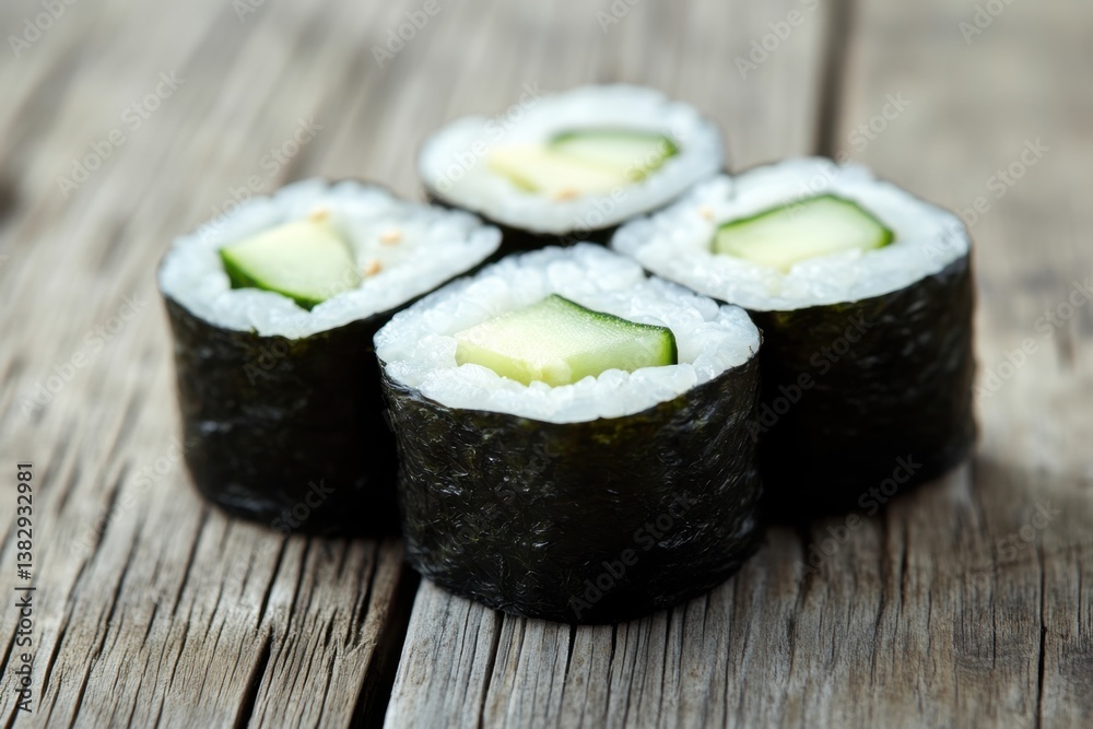 Fresh cucumber maki sushi rolls elegantly arranged on rustic wooden surface in soft natural light Fresh cucumber maki sushi rolls elegantly arranged on rustic wooden surface in soft natural light