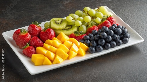 A beautifully arranged fruit platter featuring a variety of fresh, vibrant fruits such as strawberries, blueberries, mango slices, kiwi, and grapes.