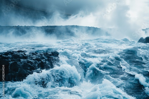 Turbulent ocean waves crash against rocky shoreline under a cloudy sky near coastal cliffs during twilight