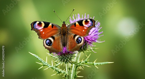 A Peacock Butterfly Perched on a Vibrant Purple Thistle Flower, Its Wings Spread Wide, Displaying Its Striking Eyes_