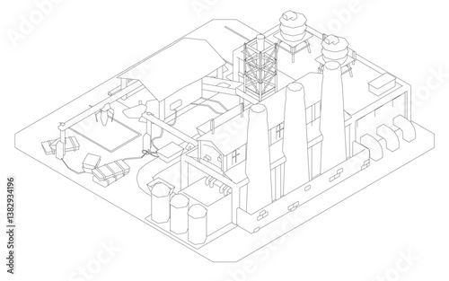 A drawing of a Factory with a lot of buildings. Isometric view