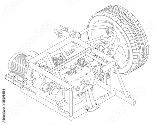 A drawing of a machine with a tire on it. The tire is on the right side of the machine. Isometric view