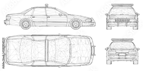 A Police car is shown in a series of drawings, with the front and back views shown. The car is a sedan with a large trunk and a sunroof. The front view shows the car's headlights and grille