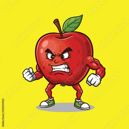 Angry Apple Cartoon Vector - Muscular Fruit Character with Shoes