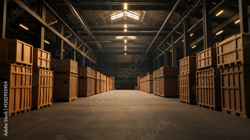dimly lit industrial warehouse interior features rows of wooden crates, creating sense of depth and space. warm lighting enhances atmosphere, evoking feeling of quiet productivity