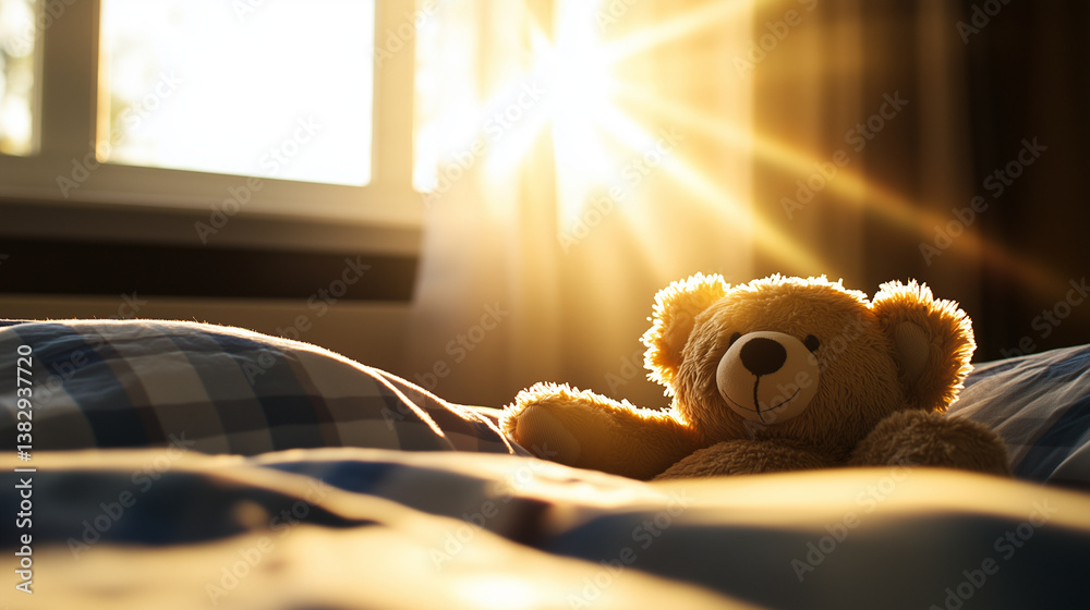A close-up of a well-loved teddy bear with slightly worn fur resting on a child's bed, illuminated by soft morning sunlight streaming through a bedroom window