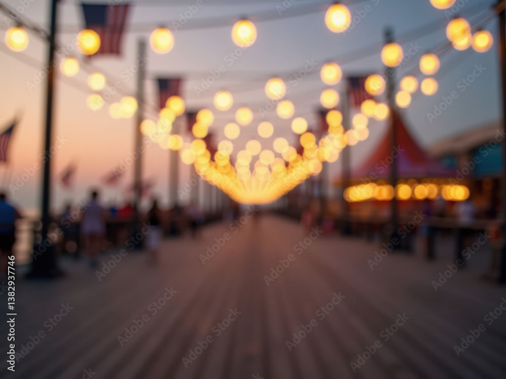 Colorful string lights illuminate a bustling pier at sunset, with people enjoying the evening atmosphere surrounded by festive decorations and American flags Colorful string lights illuminate a bustling pier at sunset, with people enjoying the evening atmosphere surrounded by festive decorations and American flags