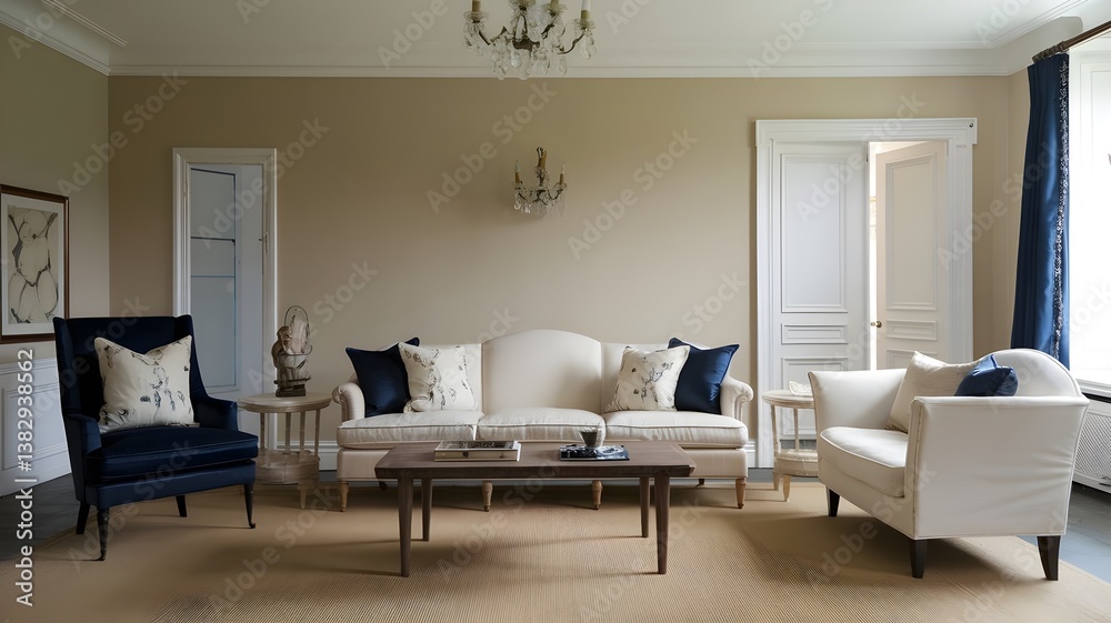 A cozy French provincial living room with a beige sofa, pink cushions, and wooden coffee table.