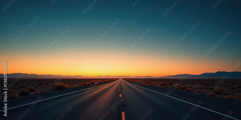 Fototapeta premium A long, deserted road stretches into the horizon, flanked by barren land and mountains under a vibrant sunset sky filled with warm orange and deep blue hues