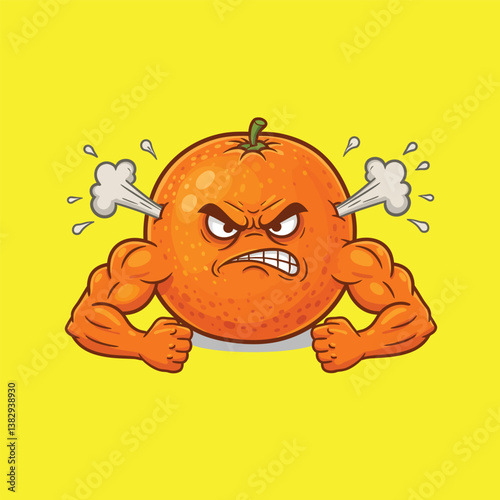 Angry Orange Cartoon Vector - Steaming Mad Fruit Character with Muscles