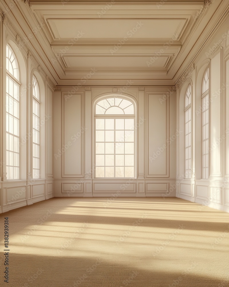 Obraz premium Elegant spacious room with arched windows and light streaming through creating a bright and airy atmosphere perfect for design