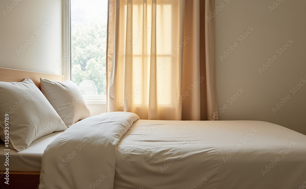 Fototapeta premium A cozy bedroom features a neatly made bed with soft, white linens and a warm, natural light streaming through the curtains, creating a serene and inviting atmosphere