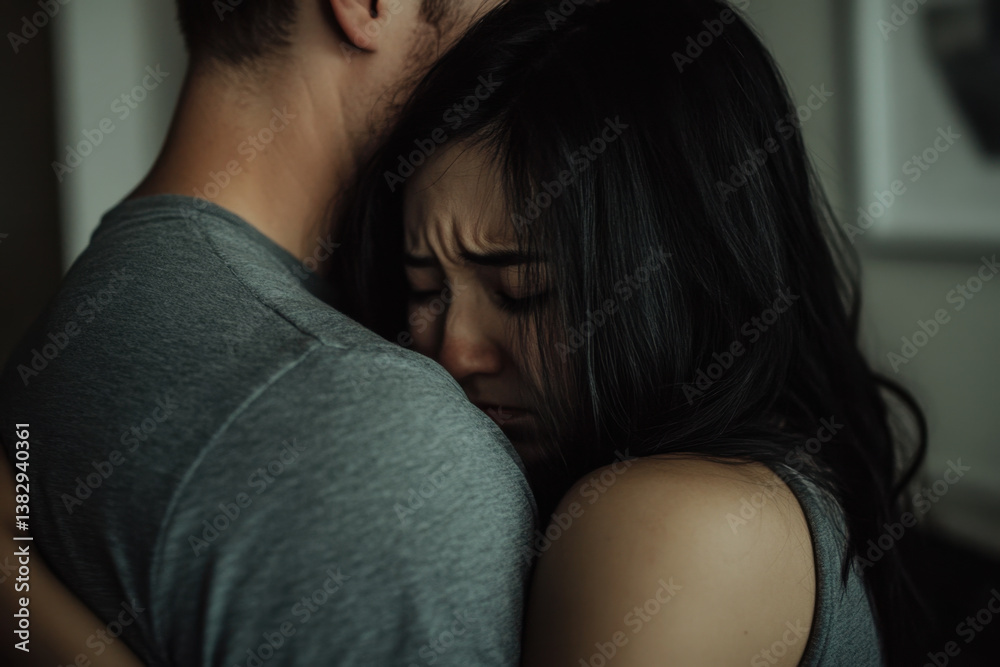A man holds a woman tightly in his arms, providing comfort during a moment of emotional distress in a dimly lit indoor space A man holds a woman tightly in his arms, providing comfort during a moment of emotional distress in a dimly lit indoor space