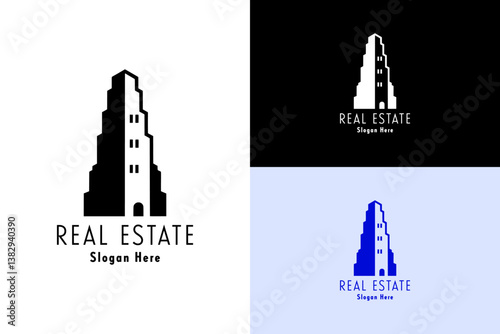 illustration of two tone skyscraper ancient art, icon, vector, logo for builders, flat, house, rental property, construction, apartment, building, tower, hotel, real estate, home, and more