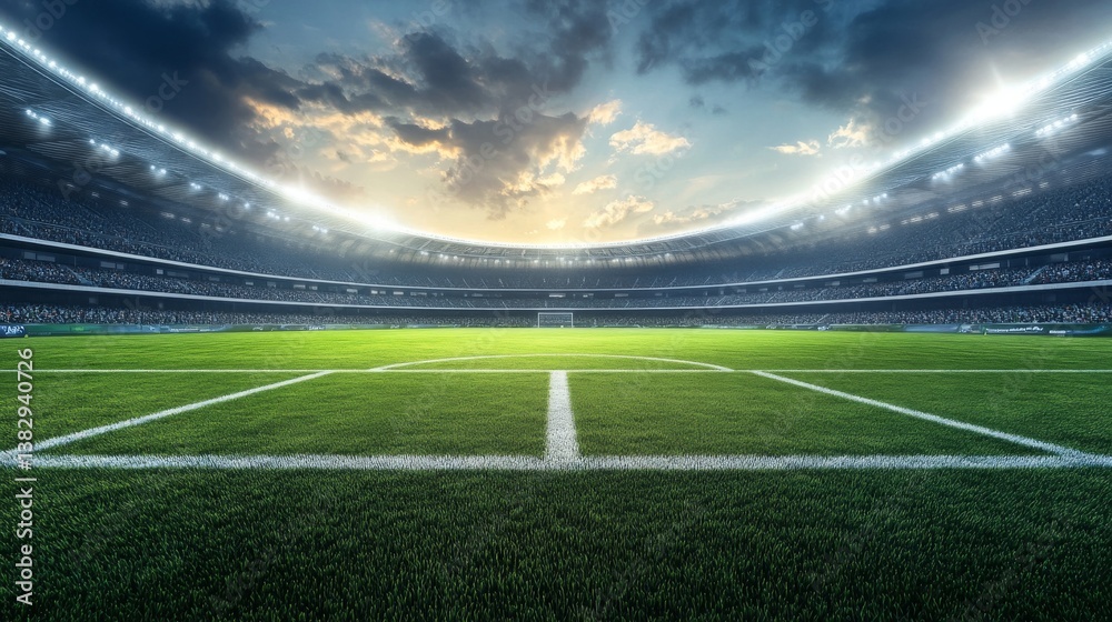 Modern football stadium background with green grass field, bright stadium lights, and empty spectator stands under a clear evening sky, ideal for sports-themed designs and promotional content
Modern football stadium background with green grass field, bright stadium lights, and empty spectator stands under a clear evening sky, ideal for sports-themed designs and promotional content