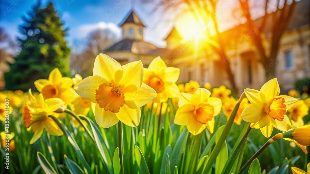Fototapeta premium Vibrant Yellow Daffodils Close-Up in Spring Garden