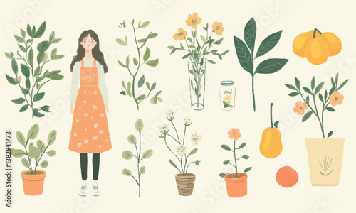 Plants and girl hand-drawn vector set. Botanical set with flowers, fruit,  flowers and green thumb girl, vector illustration.
