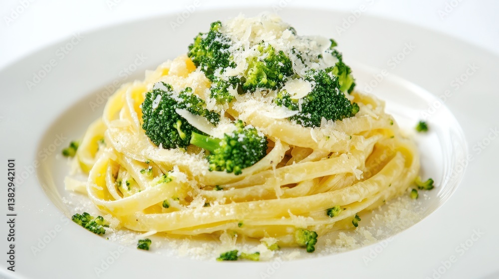 A delicious serving of pasta with broccoli and parmesan cheese, elegantly presented against a white background. A delicious serving of pasta with broccoli and parmesan cheese, elegantly presented against a white background.