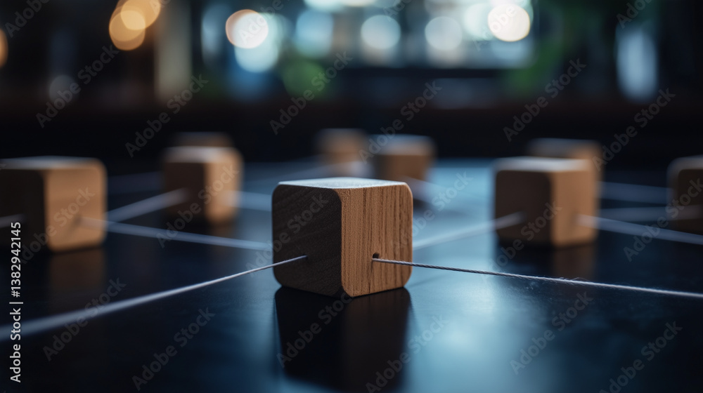 A visually striking, softly-lit image of wooden blocks connected by thin ropes, representing teamwork, unity, and human interaction in a physical, tangible way