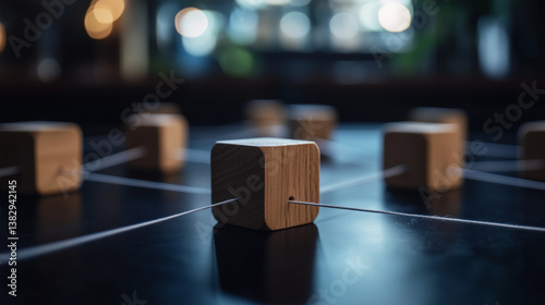 Obraz na płótnie A visually striking, softly-lit image of wooden blocks connected by thin ropes, representing teamwork, unity, and human interaction in a physical, tangible way w salonie